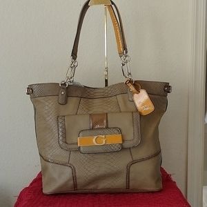 Guess color block Fallon tote bag with luggage tag